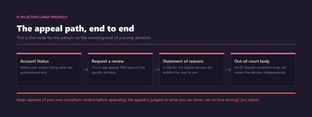 Flow diagram of the Instagram appeal path from Account Status through requesting a review to a DSA statement of reasons and a certified out-of-court dispute body